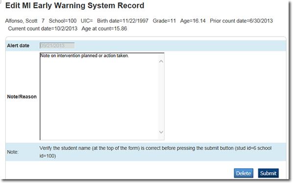 Edit MI Early warning system record alert date and note/reason